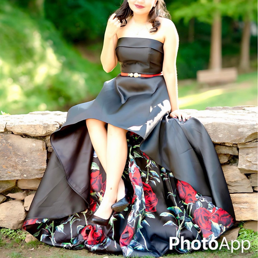 Elegant Black Strapless Dress with Floral Accents
